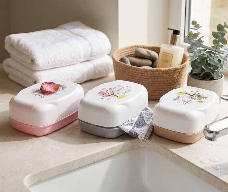c s m CSM Plastic Self Drain Soap Dish (RIVIERASOAP-3) with Lid, Set of 3, Multicolour - Image 3