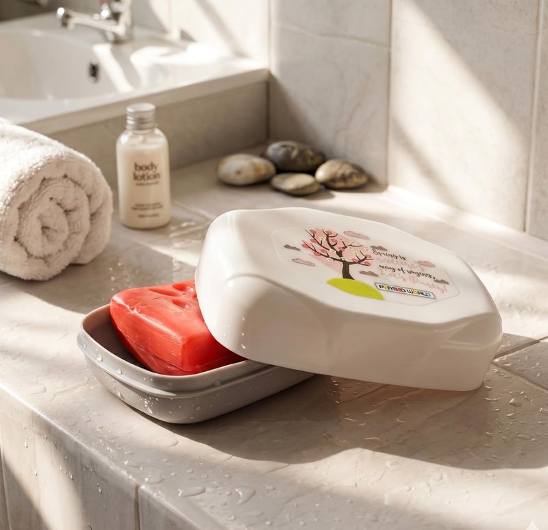 c s m CSM Plastic Self Drain Soap Dish (RIVIERASOAP-3) with Lid, Set of 3, Multicolour - Image 2