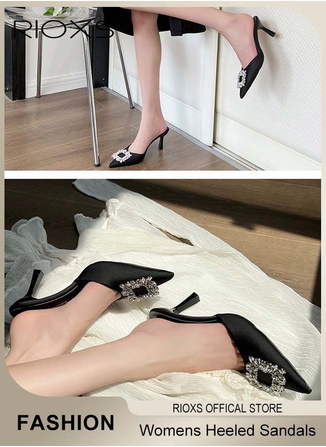 Women's Closed Pointed Toe Slip-On Backless Rhinestones Sandals Stiletto Slides Shoes For Work and Party Black Elegance