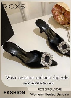 RIOXS Women's Closed Pointed Toe Slip-On Backless Rhinestones Sandals Stiletto Slides Shoes For Work and Party Black Elegance  - Image 5