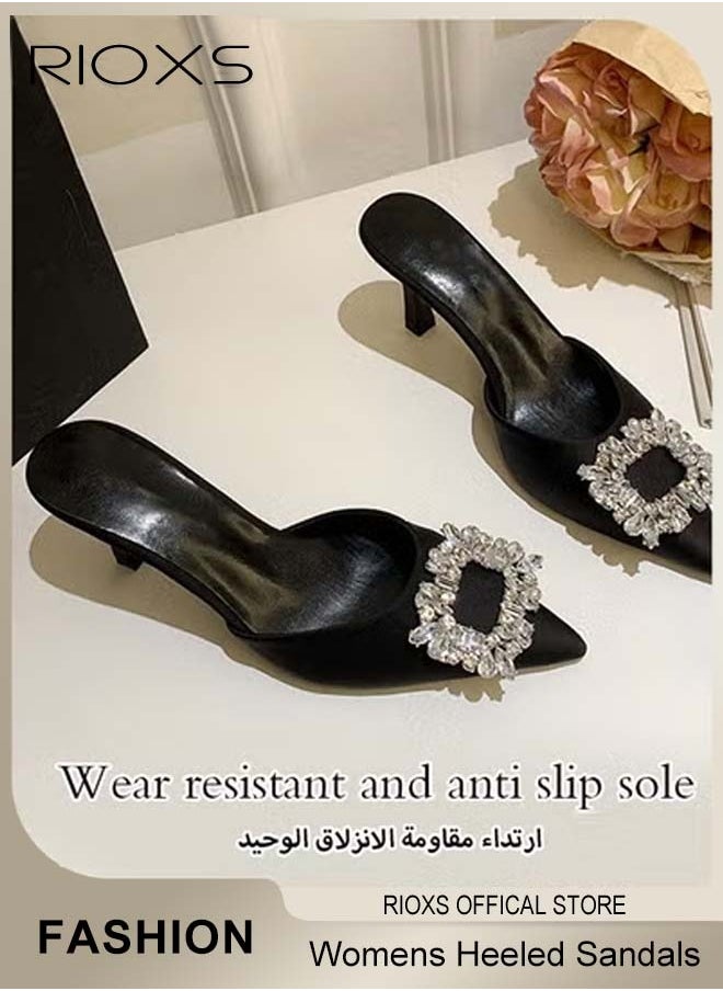 RIOXS Women's Closed Pointed Toe Slip-On Backless Rhinestones Sandals Stiletto Slides Shoes For Work and Party Black Elegance  - Image 5