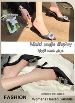 RIOXS Women's Closed Pointed Toe Slip-On Backless Rhinestones Sandals Stiletto Slides Shoes For Work and Party Black Elegance  - Image 3