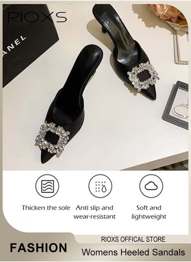 Women's Closed Pointed Toe Slip-On Backless Rhinestones Sandals Stiletto Slides Shoes For Work and Party Black Elegance