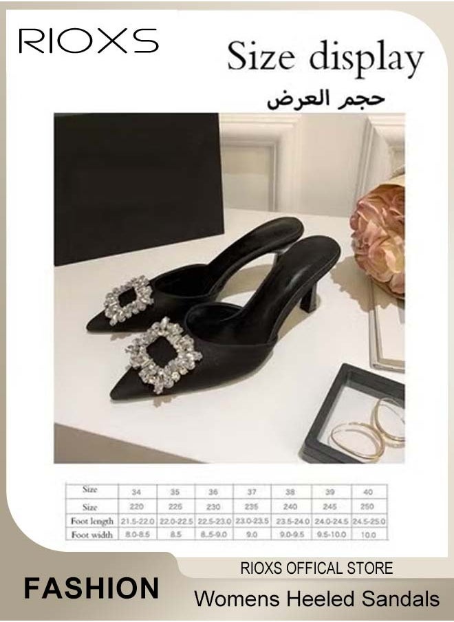 Women's Closed Pointed Toe Slip-On Backless Rhinestones Sandals Stiletto Slides Shoes For Work and Party Black Elegance