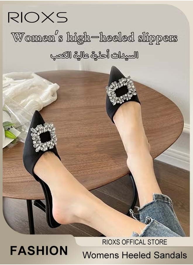 RIOXS Women's Closed Pointed Toe Slip-On Backless Rhinestones Sandals Stiletto Slides Shoes For Work and Party Black Elegance  - Image 2