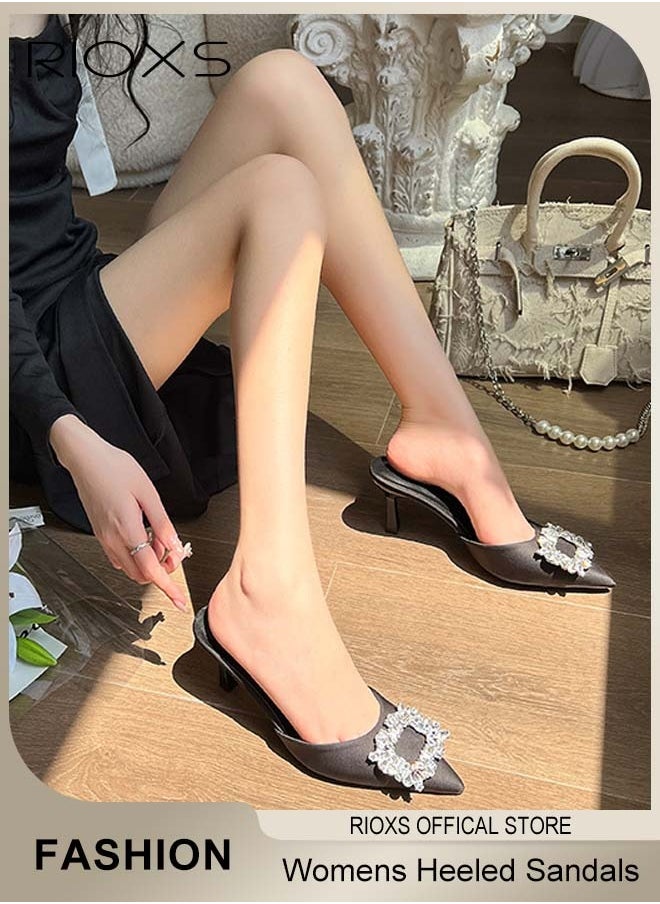 RIOXS Women's Closed Pointed Toe Slip-On Backless Rhinestones Sandals Stiletto Slides Shoes For Work and Party Black Elegance  - Image 1