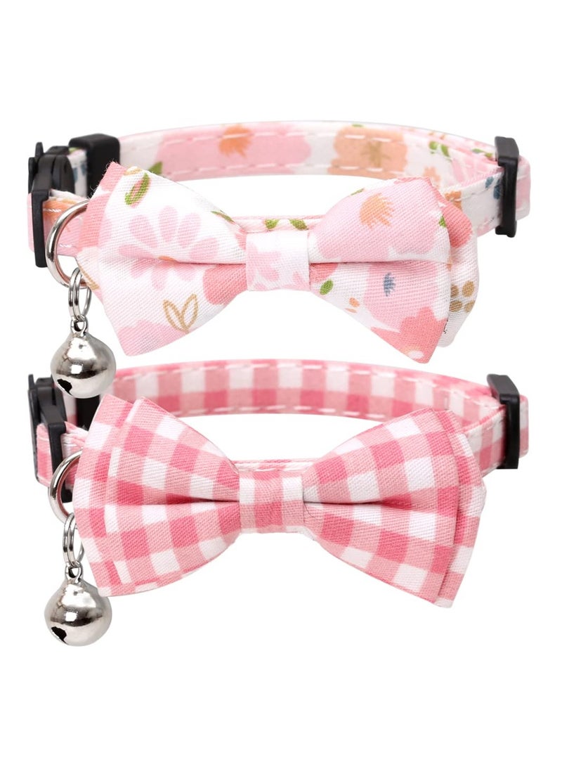 SYOSI 2PCS Breakaway Cat Collar with Bow, Cute Bell Cat Collar Plaid Design Flower Pattern Cat Collar with Bell & Safety Clip Adjustable Bow Tie Cat Collar Bow Tie Cat Collar for Kitty Adjustable Safety - Image 1