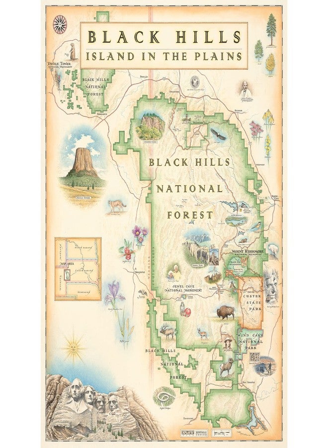 Xplorer Maps Black Hills National Forest Map Poster - Mount Rushmore & Devils Tower - 18x24 Vintage-Style Lithographic Print - Made in USA - Image 1