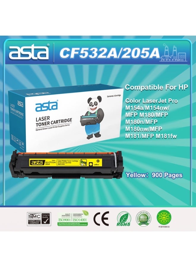 استا خرطوشة حبر صفراء ASTA CF532A 205A متوافقة مع طابعة HP Color LaserJet Pro M154A M154Nw MFP M180 M180N M180Nw M181 M181Fw طباعة سريعة وواضحة ممتازة وجودة طباعة ثابتة - Image 1