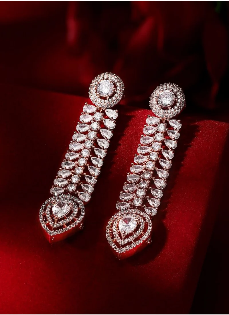 Priyaasi Rose American Diamond Stone Studded Leaf Shaped Drop Earrings