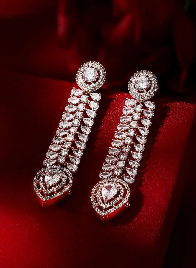 Priyaasi Rose Stone Studded Leaf Shaped Drop Earrings