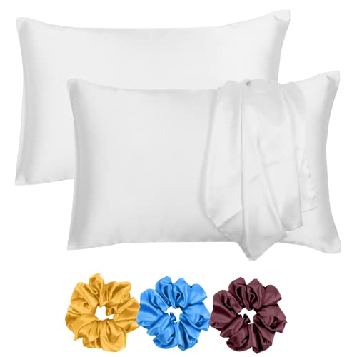 Riara Satin Silk Pillowcase Pillow Case Covers with Envelop Closure for Hair and Skin Home Bed Decor Set of 2 Pillowcase Free 3 Pc Scrunchie (Regular Size (18"x27"), Blanc De Blanc) - Image 1