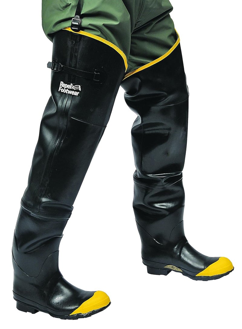 Galeton 7942-13 Repel Footwear Steel Toe Hip Boots with Straps, Men's Size 13, Black - Image 1