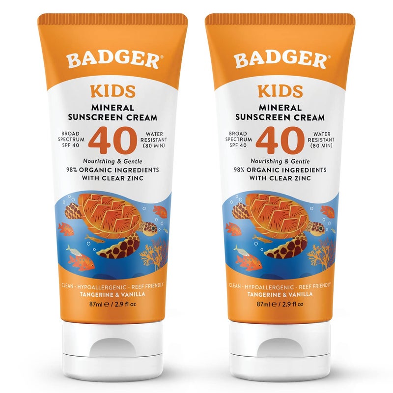 Badger Kids Mineral Sunscreen Cream SPF 40, 98% Organic Ingredients, Zinc Oxide Sunscreen for Kids Face & Body, Water Resistant, Reef Friendly, Hawaii Approved Sunblock, 2.9 fl oz, 2-Pack - Image 1
