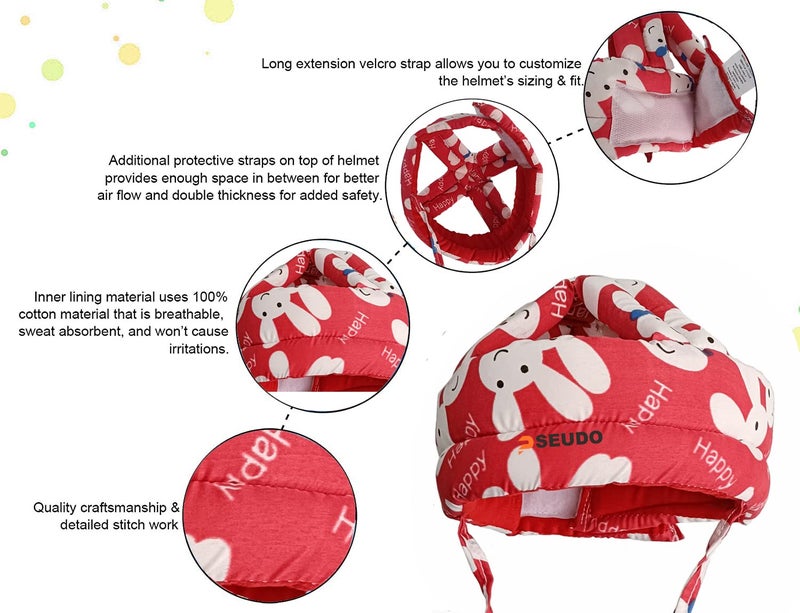 PSEUDO Baby Toddlers Kids Child Head Back Safety Protector Pad Cushion Pillow with Straps (Happy Red) - Image 2