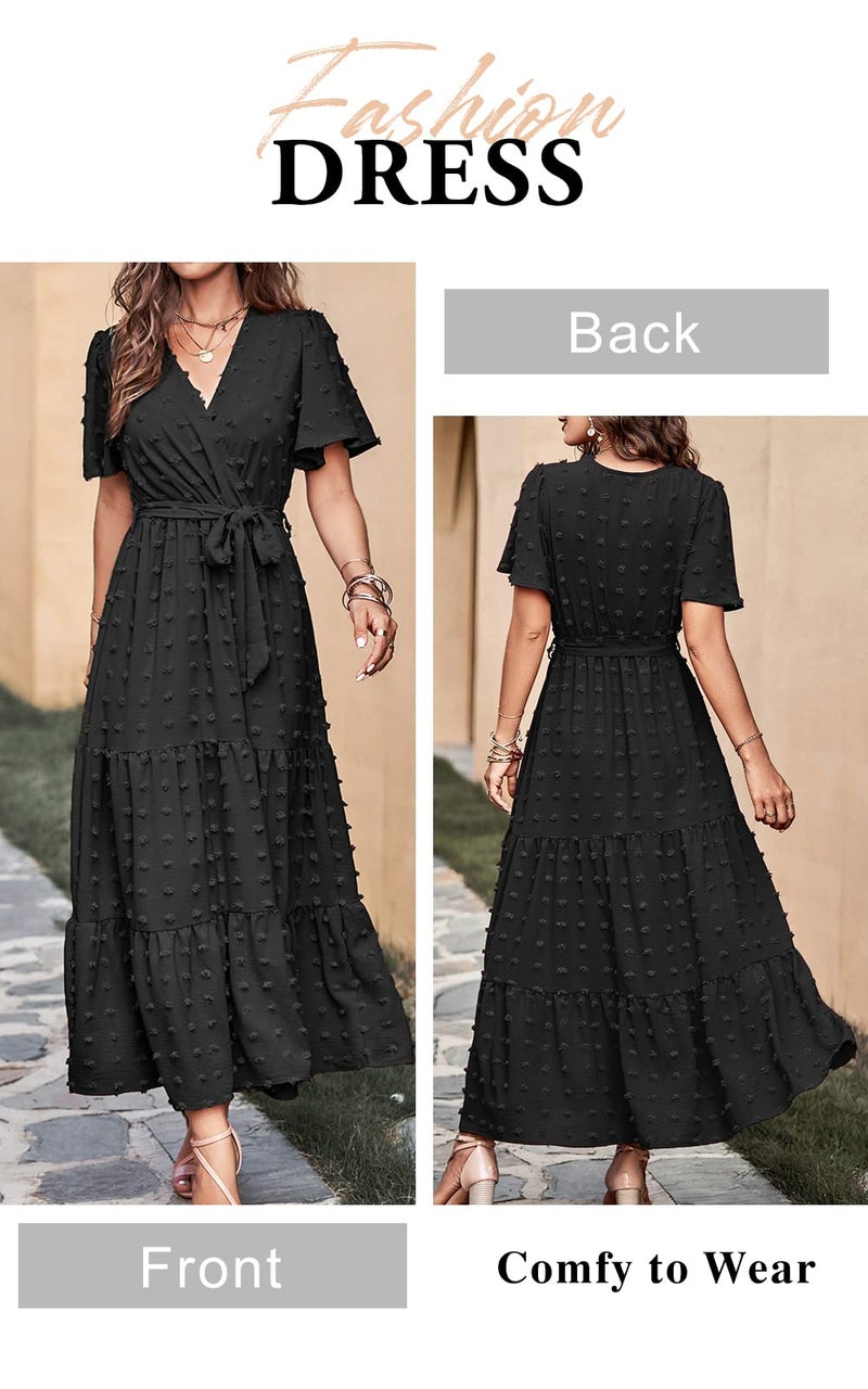 MASCOMODA Dresses for Women 2026 Short Flutter Sleeve Tiered Maxi Swiss Dot Solid V Neck Wedding Guest Dress with Belt(Black,X-Large) - Image 5