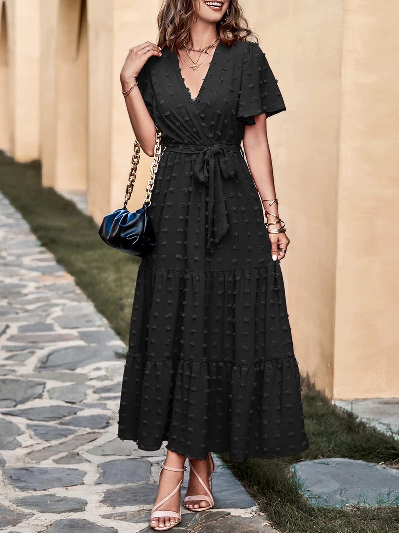 MASCOMODA Dresses for Women 2026 Short Flutter Sleeve Tiered Maxi Swiss Dot Solid V Neck Wedding Guest Dress with Belt(Black,X-Large) - Image 4