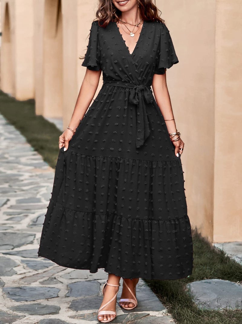 MASCOMODA Dresses for Women 2026 Short Flutter Sleeve Tiered Maxi Swiss Dot Solid V Neck Wedding Guest Dress with Belt(Black,X-Large) - Image 3
