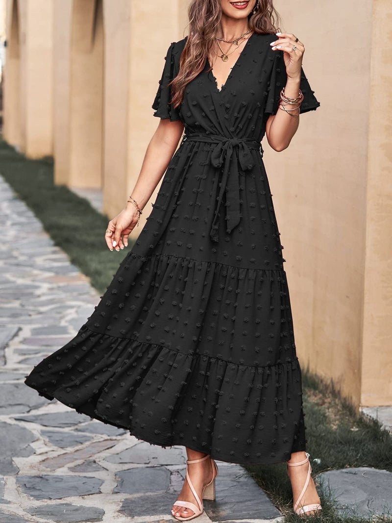 MASCOMODA Dresses for Women 2026 Short Flutter Sleeve Tiered Maxi Swiss Dot Solid V Neck Wedding Guest Dress with Belt(Black,X-Large) - Image 2