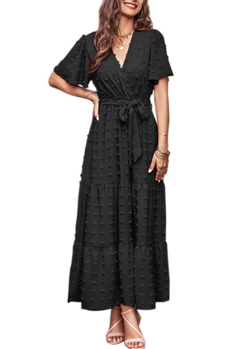 MASCOMODA Dresses for Women 2026 Short Flutter Sleeve Tiered Maxi Swiss Dot Solid V Neck Wedding Guest Dress with Belt(Black,X-Large) - Image 1