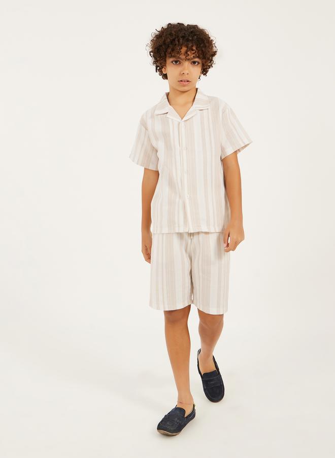 Styli Striped Textured Shirt and Shorts Set  - Image 1