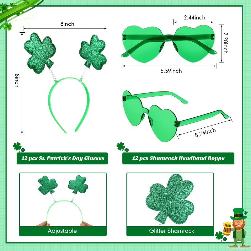 Jutom 24 Pcs St. Patrick's Day Headbands Glasses Set Green St Patricks Day Party Favors Love Eyewear Photo Booth Props Accessories (Shamrock) - Image 2