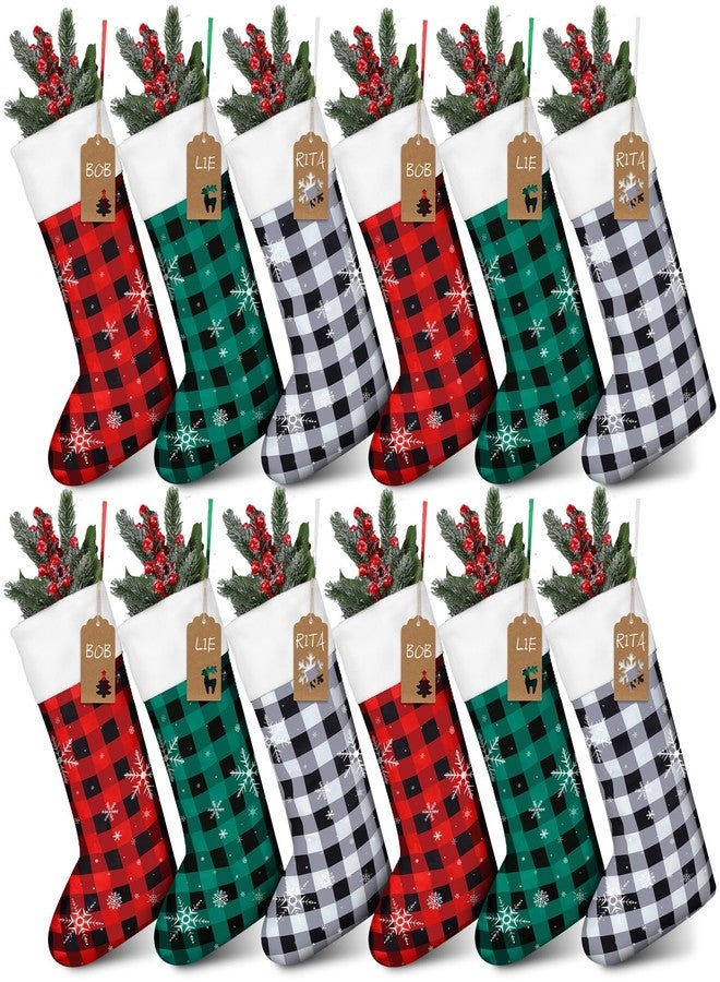 Shinymoon 12 Pack Christmas Stockings Bulk 17.3 Inch Christmas Stockings with Name Tags Buffalo Plaid Stocking Fireplace Hanging Stockings Christmas Ornament for Xmas (Green, Red, White,Cute) - Image 1
