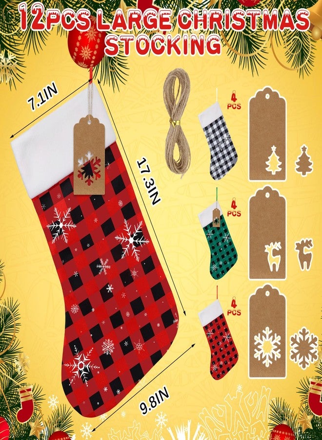 Shinymoon 12 Pack Christmas Stockings Bulk 17.3 Inch Christmas Stockings with Name Tags Buffalo Plaid Stocking Fireplace Hanging Stockings Christmas Ornament for Xmas (Green, Red, White,Cute) - Image 3