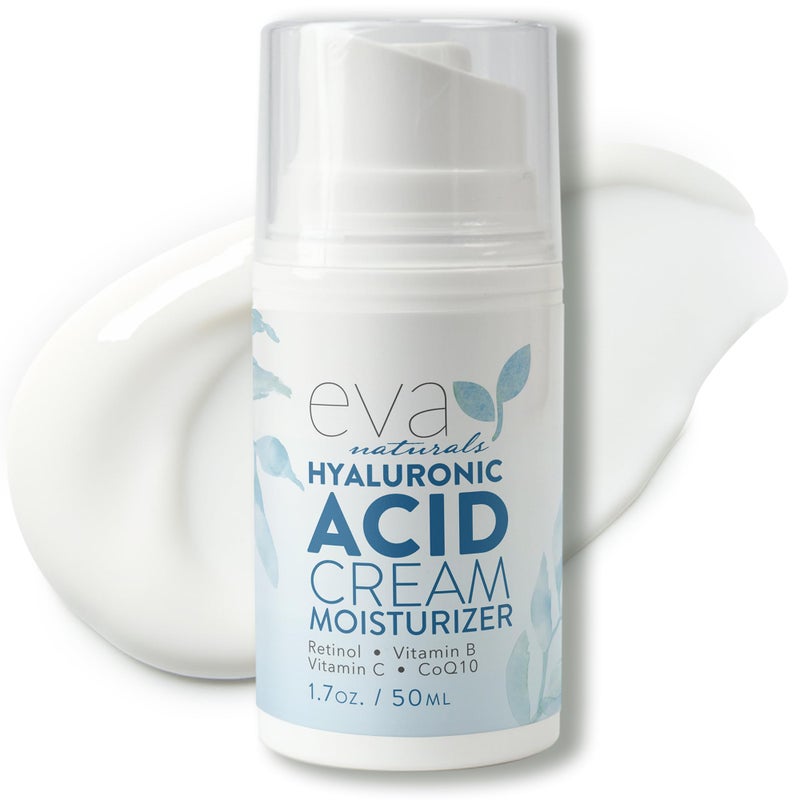 Eva Naturals كريم الوجه من إيفا ناتشورالز بحمض الهيالورونيك - ترطيب عميق ومرطب مشدود مع الريتينول وفيتامين C وQ10 لمكافحة الشيخوخة وتقليل التجاعيد ودعم الكولاجين - كريم وجه نهاري وليل - 1.7 أونصة سائلة - Image 1