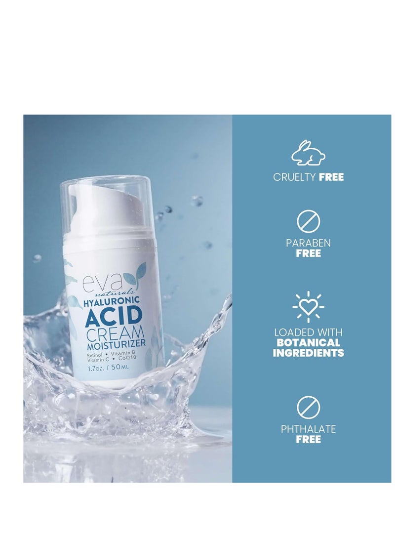 Eva Naturals كريم الوجه من إيفا ناتشورالز بحمض الهيالورونيك - ترطيب عميق ومرطب مشدود مع الريتينول وفيتامين C وQ10 لمكافحة الشيخوخة وتقليل التجاعيد ودعم الكولاجين - كريم وجه نهاري وليل - 1.7 أونصة سائلة - Image 3
