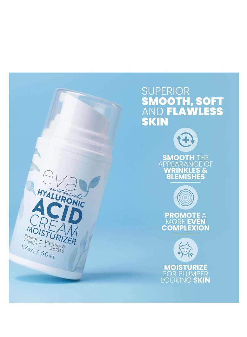 Eva Naturals كريم الوجه من إيفا ناتشورالز بحمض الهيالورونيك - ترطيب عميق ومرطب مشدود مع الريتينول وفيتامين C وQ10 لمكافحة الشيخوخة وتقليل التجاعيد ودعم الكولاجين - كريم وجه نهاري وليل - 1.7 أونصة سائلة - Image 2