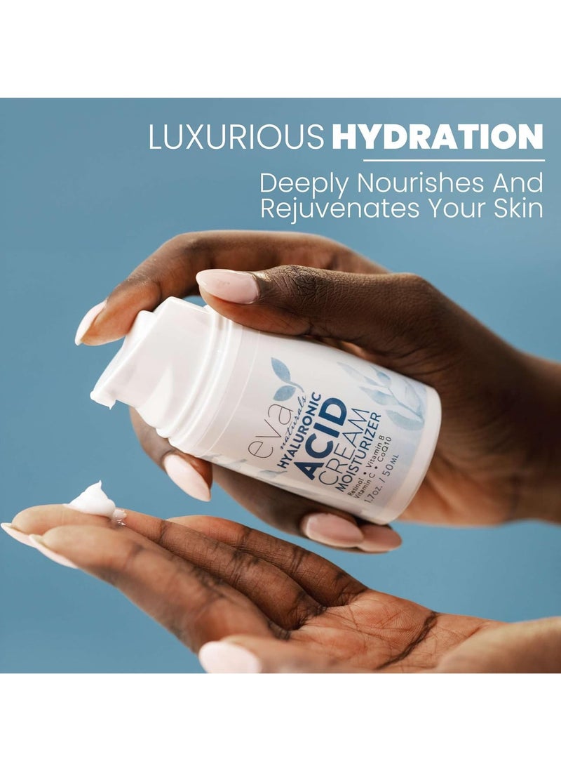 Eva Naturals كريم الوجه من إيفا ناتشورالز بحمض الهيالورونيك - ترطيب عميق ومرطب مشدود مع الريتينول وفيتامين C وQ10 لمكافحة الشيخوخة وتقليل التجاعيد ودعم الكولاجين - كريم وجه نهاري وليل - 1.7 أونصة سائلة - Image 4