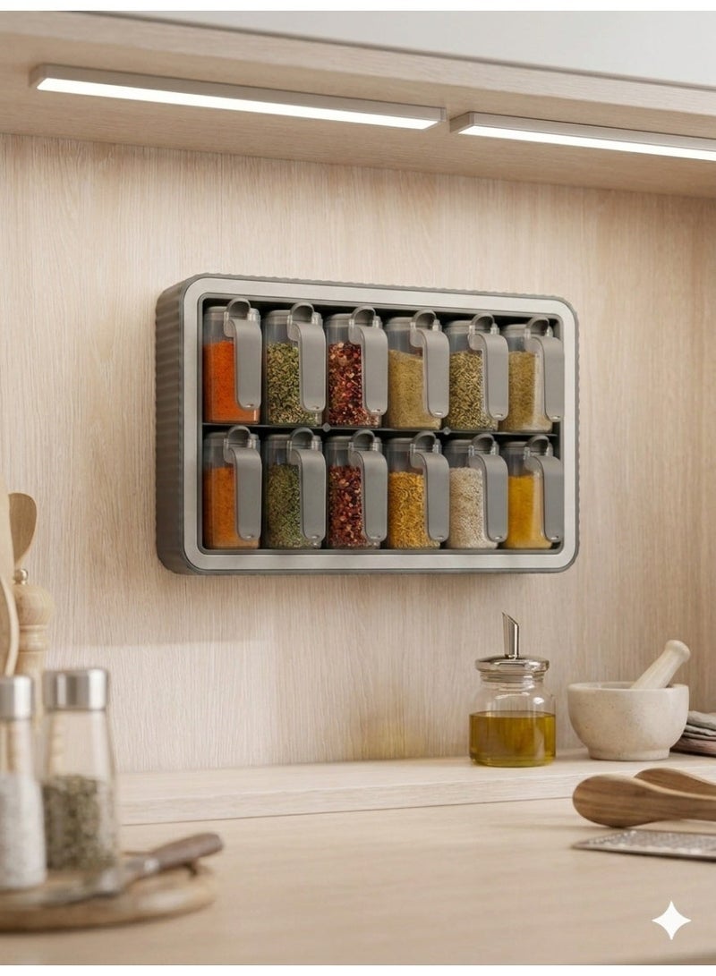 Baroness Spice Rack Set of 12 Jars with Spoons, BPA Free Kitchen Wall Organizer - Image 4