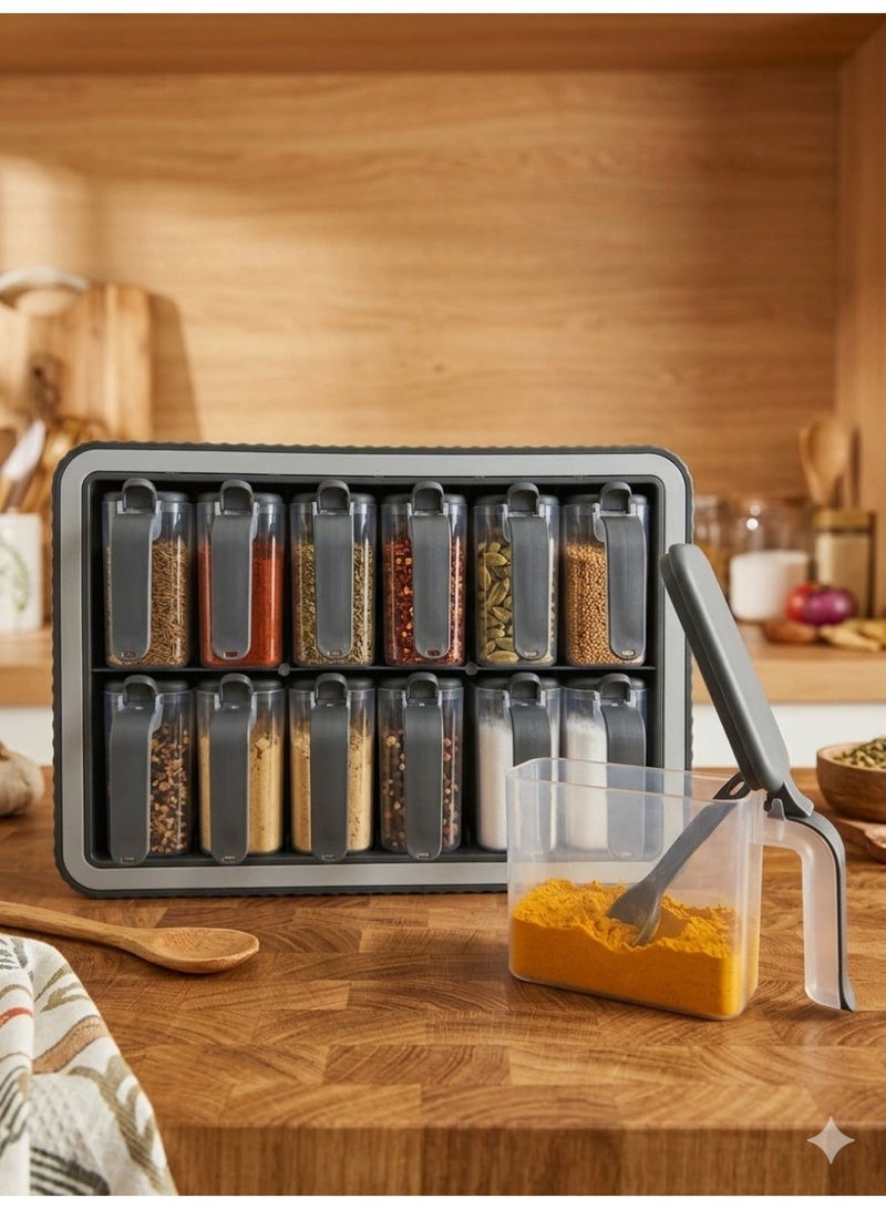 Baroness Spice Rack Set of 12 Jars with Spoons, BPA Free Kitchen Wall Organizer - Image 1