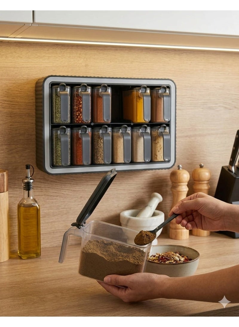 Baroness Spice Rack Set of 12 Jars with Spoons, BPA Free Kitchen Wall Organizer - Image 2