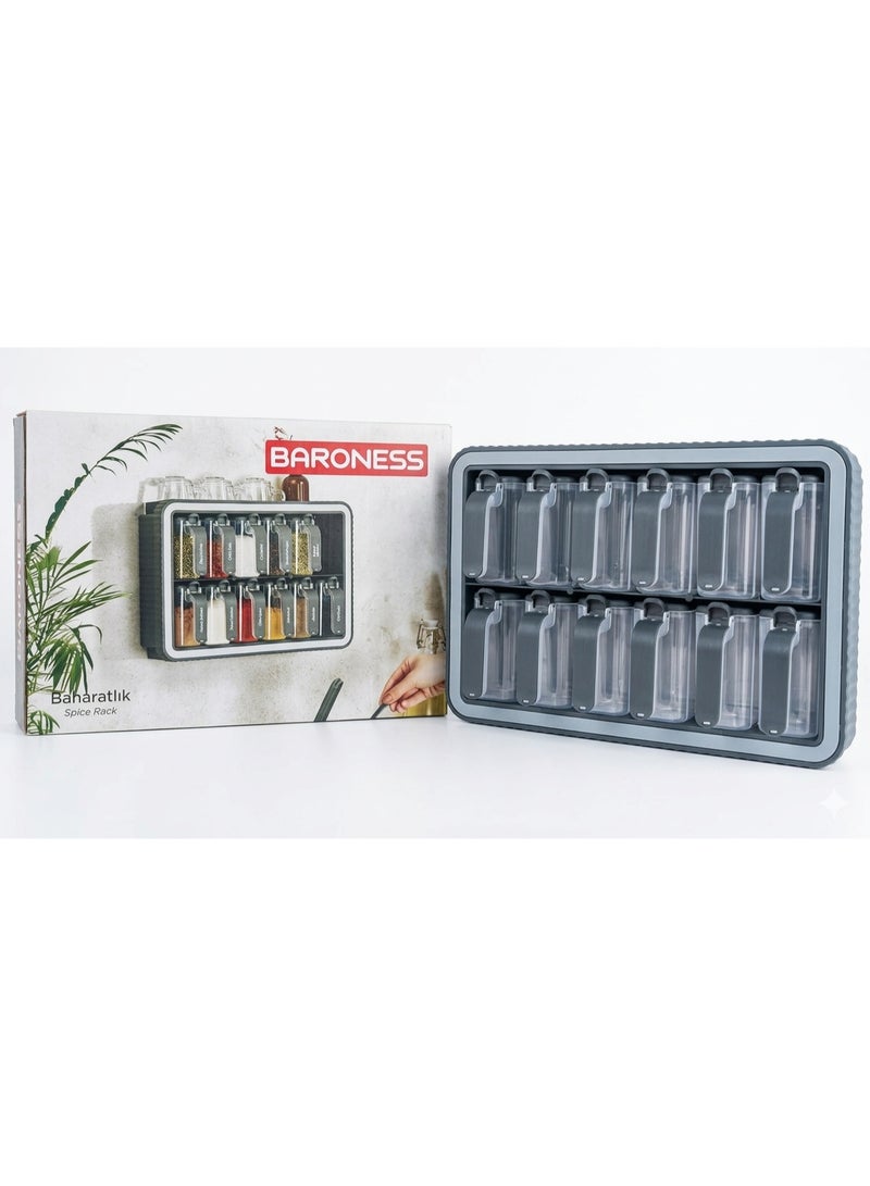 Baroness Spice Rack Set of 12 Jars with Spoons, BPA Free Kitchen Wall Organizer - Image 5