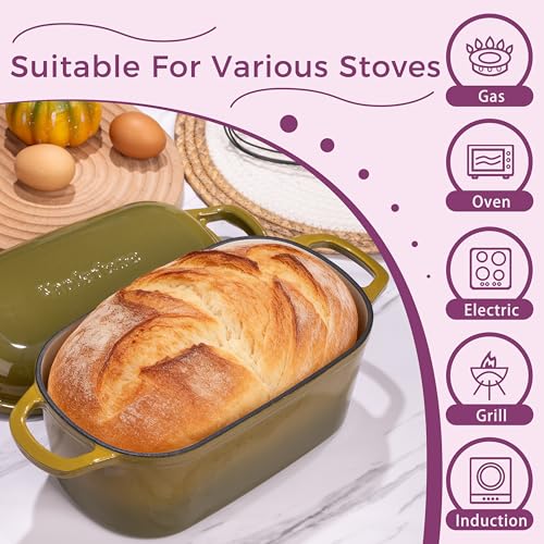 Vanderlume 4.6-Quart Oval Dutch Oven for Bread Baking, 2 in 1 Cast Iron Bread Pan with Lid, Sourdough Bread Dutch Oven for a Crispy Crust, Olive - Image 3
