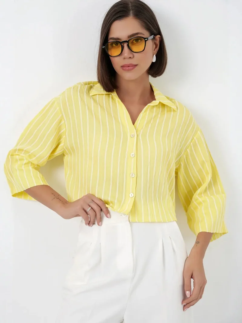 بيغ دارت BDART Oversized Striped Cropped Shirt with Button Closure