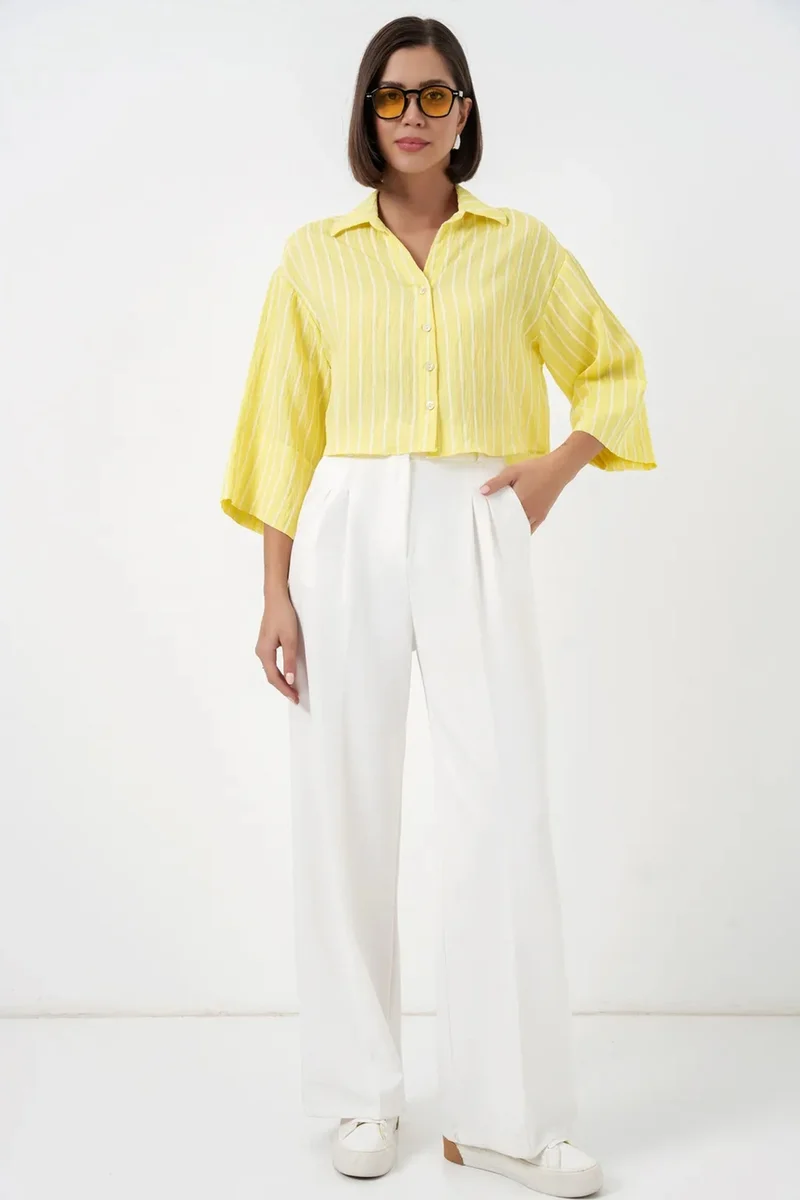 بيغ دارت BDART Oversized Striped Cropped Shirt with Button Closure