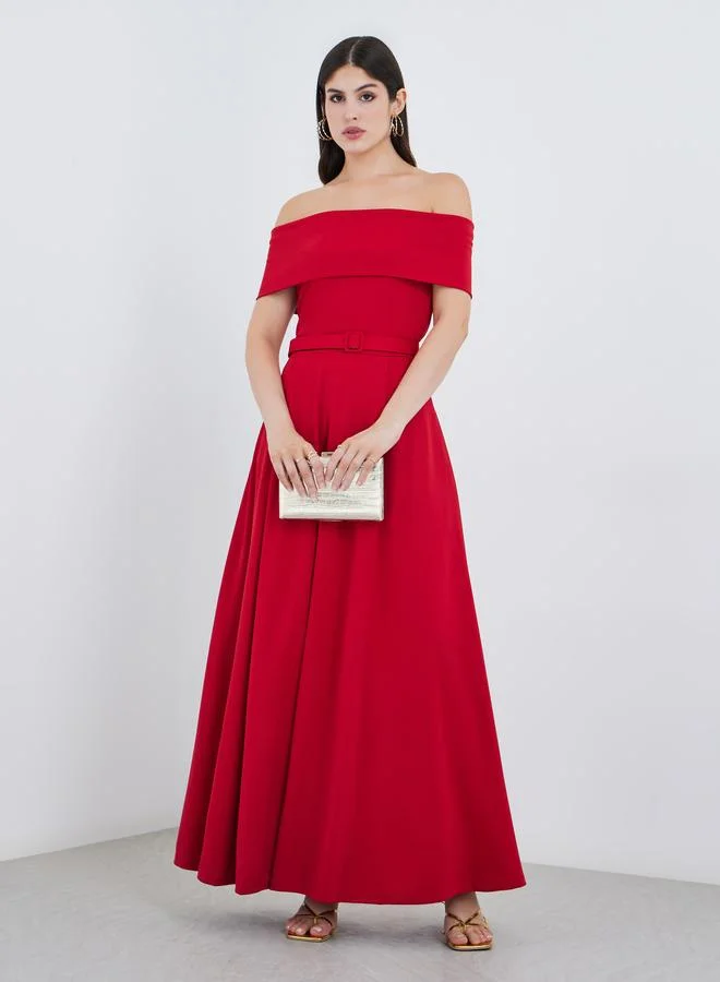 ستايلي Styli Off Shoulder Belted A-Line Maxi Dress