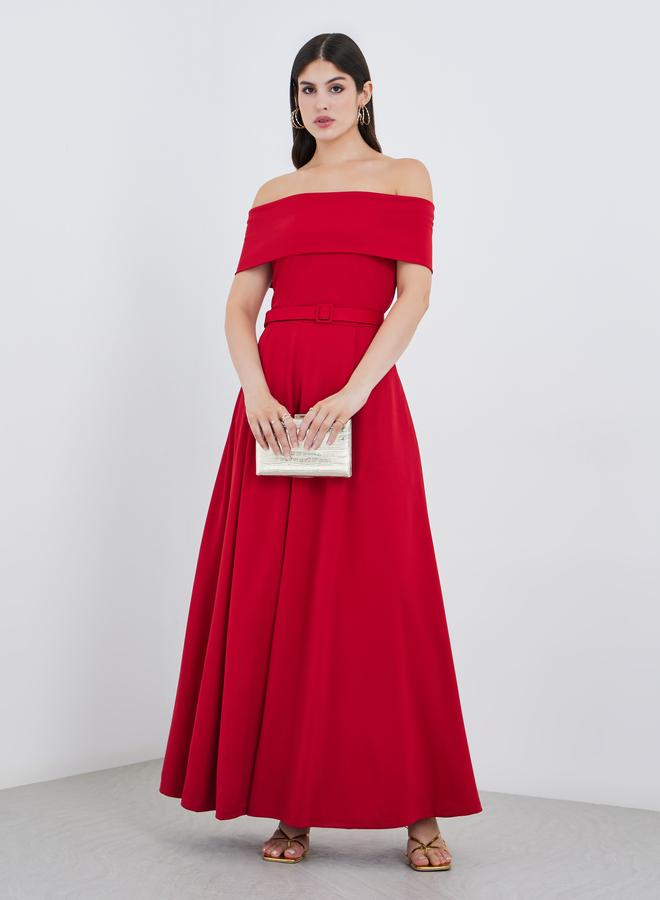 ستايلي فستان ماكسي بحزام وكتف مكشوف بتصميم - - Image 2