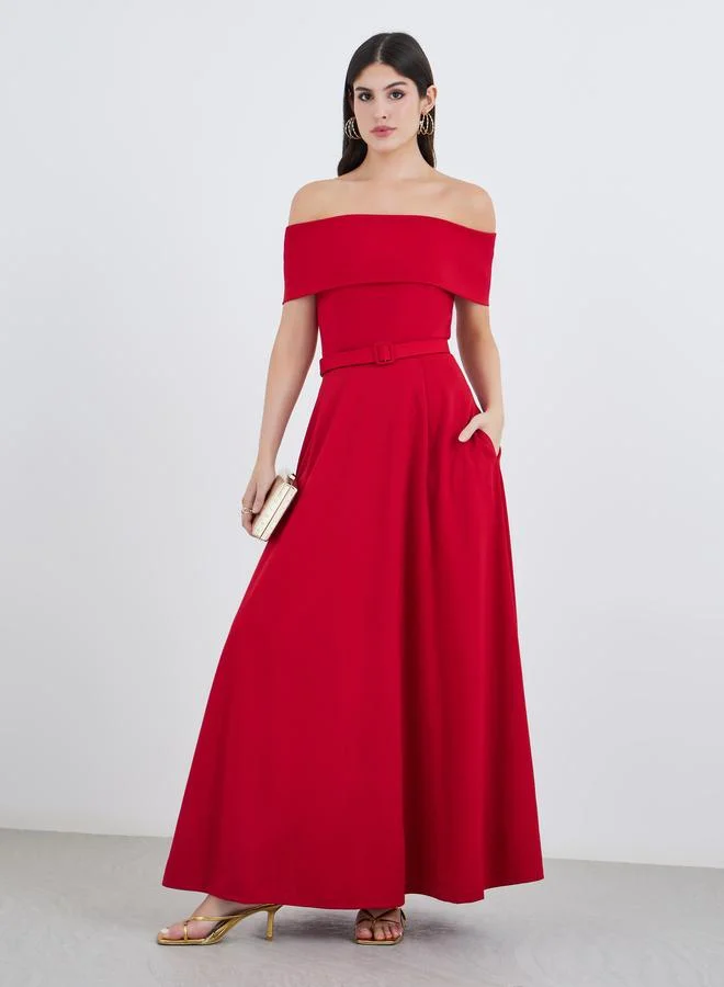 ستايلي Styli Off Shoulder Belted A-Line Maxi Dress