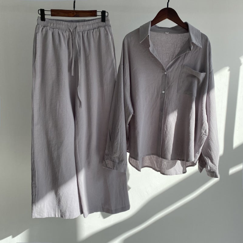 Spring Large Size Womens Shirt Set Vintage Loose High Waist Wide Leg Nine Points Pants Two Pieces Set Casual Elegant Style Light green  - Image 3