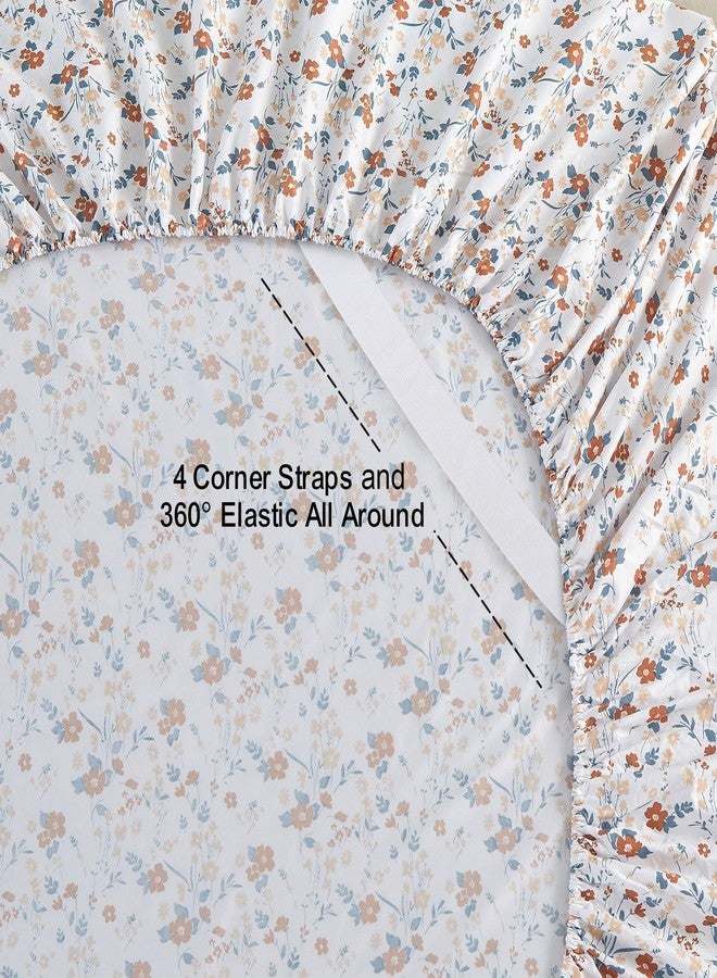 Softan Floral Full Sheet Set, Orange Flower Printed Bed Sheets - 4 Piece Soft Microfiber Patterned Fitted Sheets with 15" Deep Pocket & Non-Slip Straps, Cute Flower Sheets & Pillowcase Set - Image 2