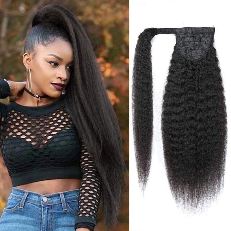 Wrap Around Long Kinky Straight Ponytail Hair Natural Black Hair Extensions Clip in Ponytail Real Remy Human Hair Extensions 22 Inch 130 Gram