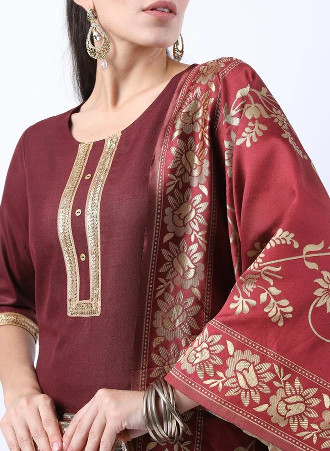 Ketch Sequin Embroidered Kurta and Palazzo with Floral Texture Dupatta Set by Styli