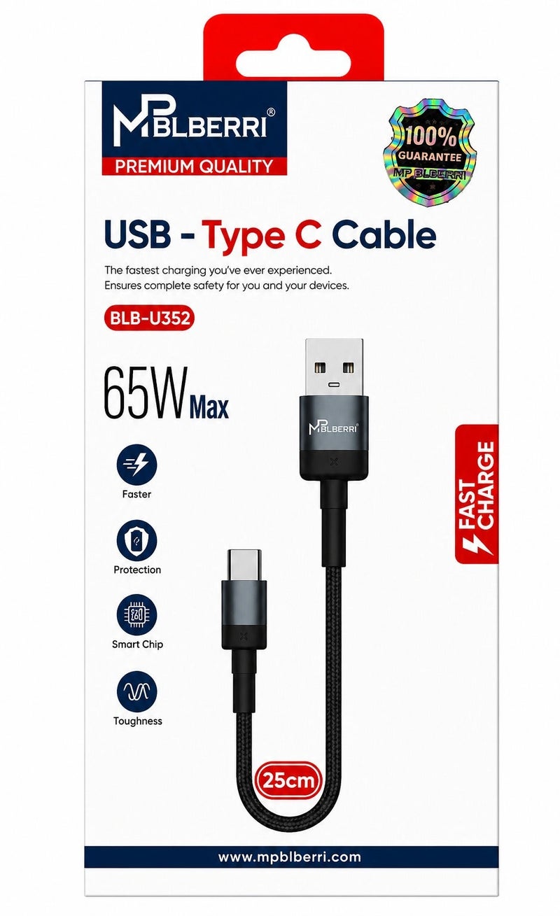 MPBLBERRI USB-A to USB-C Fast Charging Cable 65W Max – 25cm Short Type-C Charging & Data Sync Cable for Android Phones, Tablets & USB-C Devices - Image 2