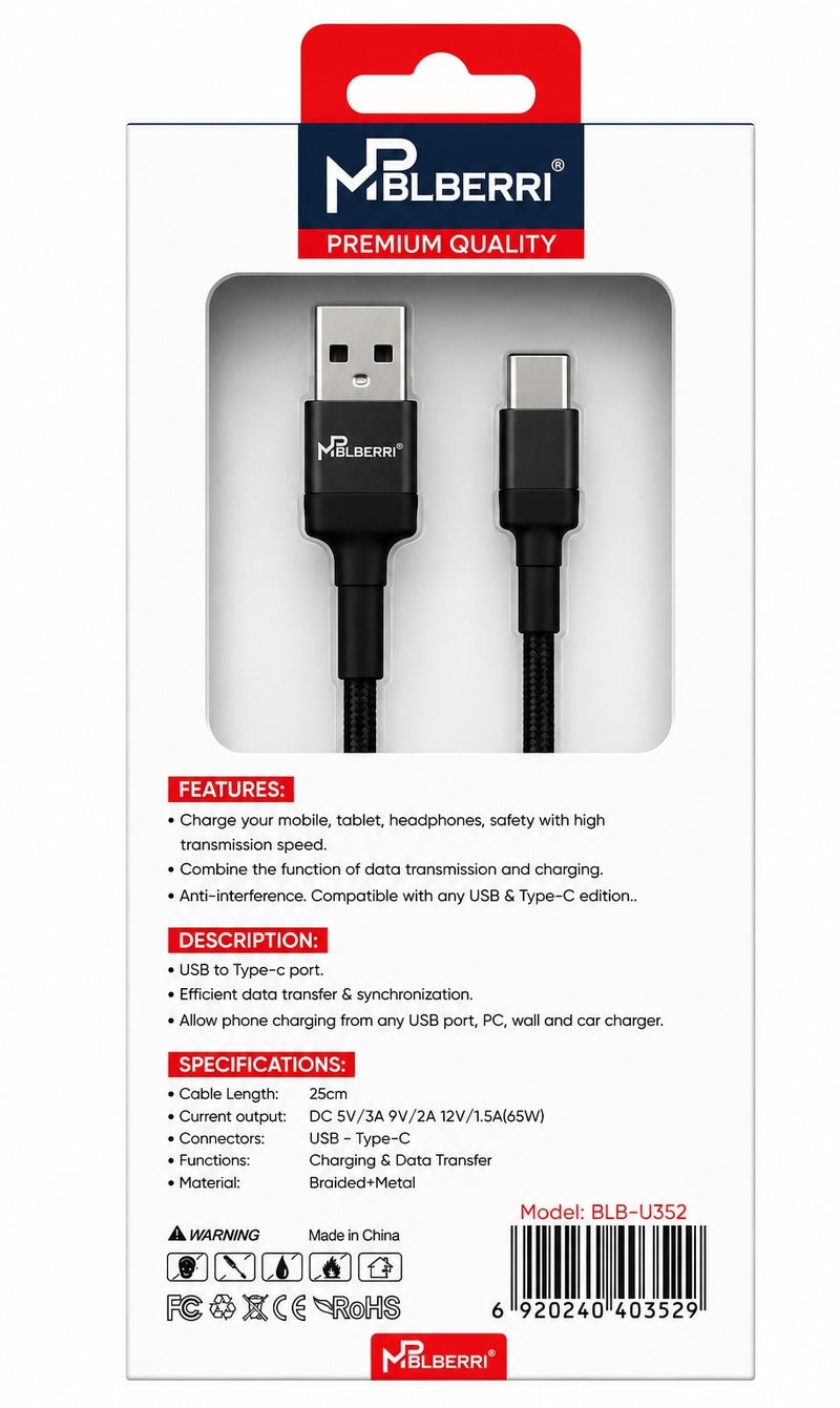 MPBLBERRI USB-A to USB-C Fast Charging Cable 65W Max – 25cm Short Type-C Charging & Data Sync Cable for Android Phones, Tablets & USB-C Devices - Image 3