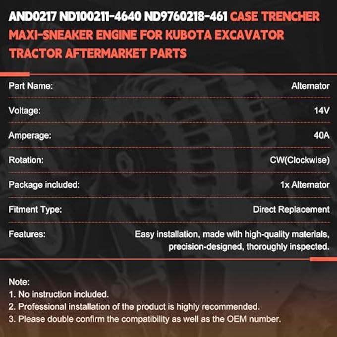 otobaijeni AND0217 Alternator 14V 40A Compatible with Case Trencher Maxi-Sneaker Engine for Kubota Excavator Generator ND100211-4640 ND9760218-461 Replaces Parts - Image 3