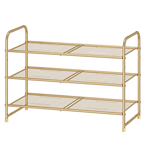 Simple Trending 3Tier Stackable Shoe Rack Expandable  Adjustable Shoe Shelf Storage Organizer Metal Mesh Gold